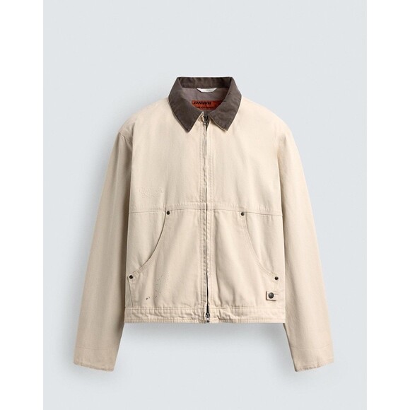 ZARA Men Paint Splatter Denim Jacket Contrast Collar Medium Oyster White - Picture 1 of 16